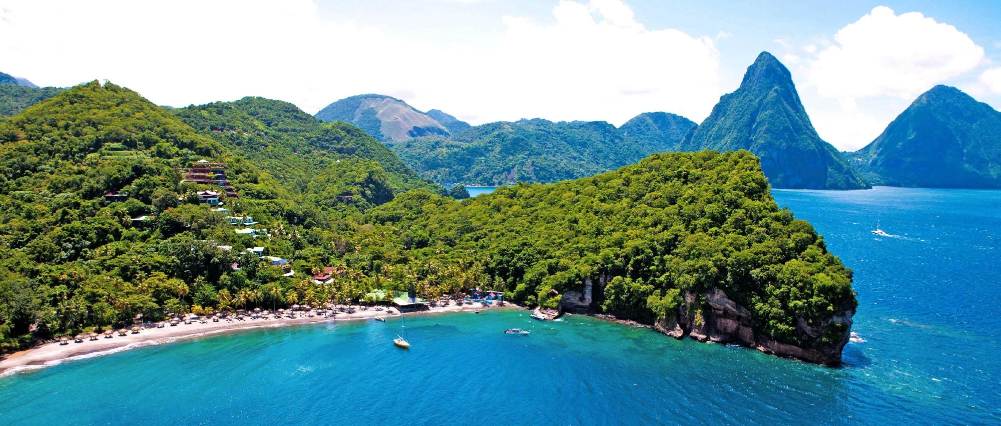 Overall aerial view of Anse Chastanet, Soufriere, Saint Lucia