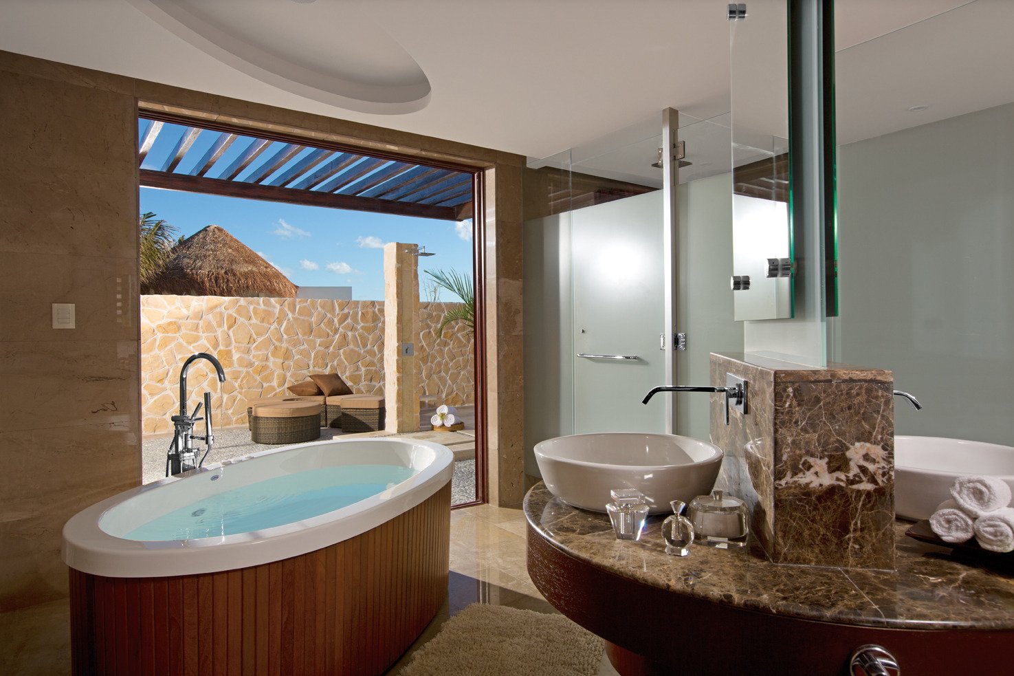 Presidential Suite bathroom with private outdoor rain shower.